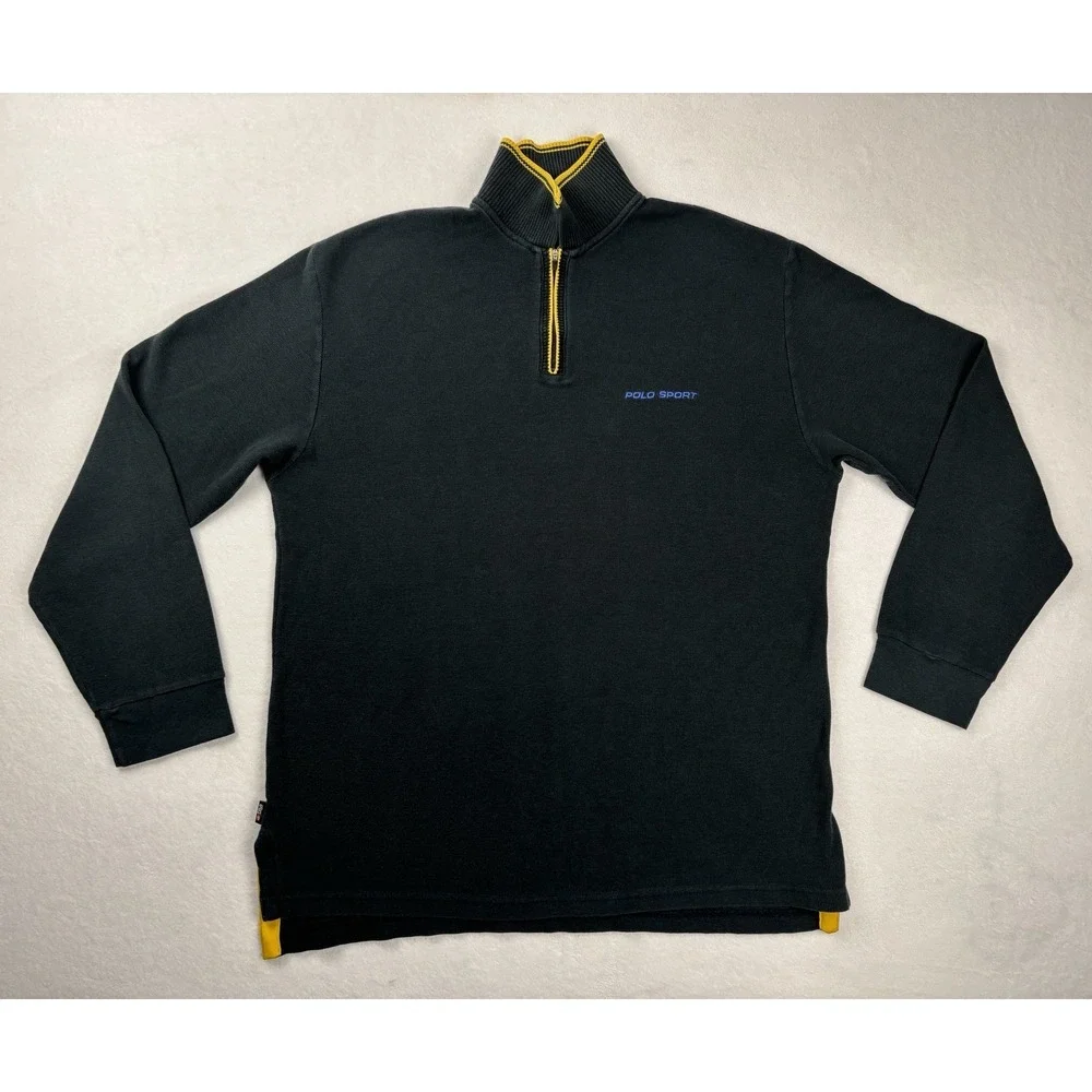 Polo Sport Ralph Lauren‎ Quarter Zip Pullover Green Yellow Waffle Knit Size M